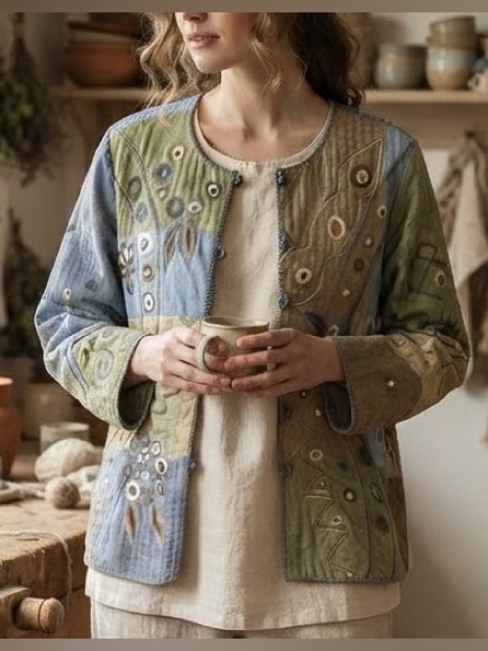 Indigo Moon Vintage Quilted Boho Patchwork Embroidered Jacket Size M Glass Beads
